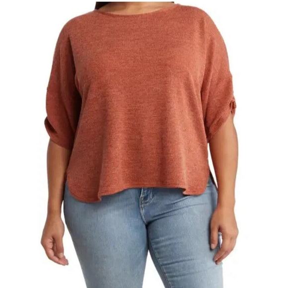 Max Studio Rust Ruched Dolman Sleeve Ribbed Knit Top Sz L NWT - Picture 1 of 9